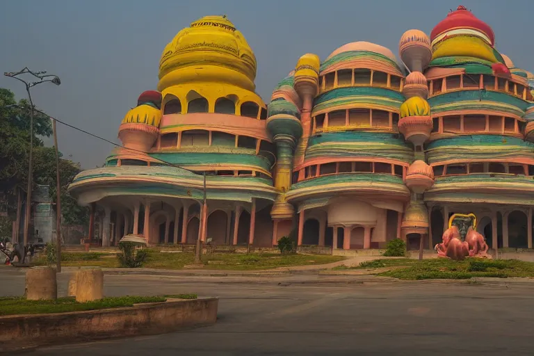 Prompt: gorgeous dreamscape! biomorphic new delhi, hanuman!! head building, kalighat, octane highly detailed cinematic, stephen shore & john j. park, soft morning light, wide shot, high angle, uhd 8 k, deep focus