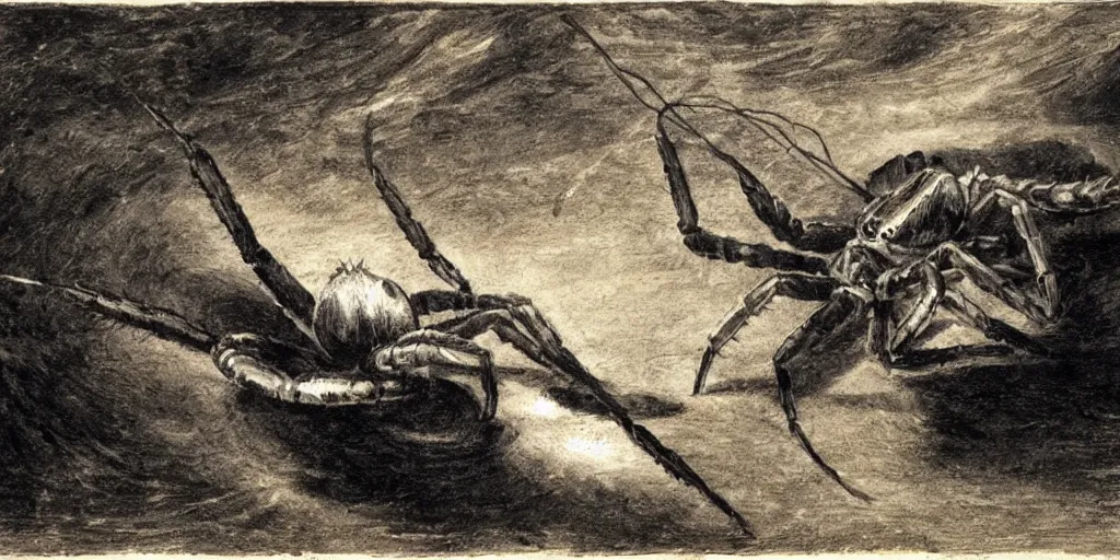 Image similar to hyperrealism Baptism on the river, monster spider in style of Goya