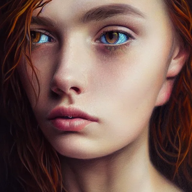 Prompt: a stunning detailed portrait of a young woman with hazel eyes, shards of the afternoon falling down like broken stained glass or autumn leaves, hyperrealistic