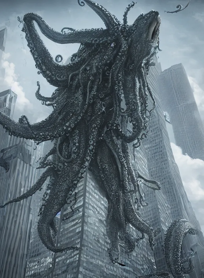 Prompt: A very giant Kraken-like multi-eyed monster jumped up with its jaws on a high-rise office building and wrapped his tentacles all around him. High detail, front view, photorealism, concept art, octane render, zoom, 8k