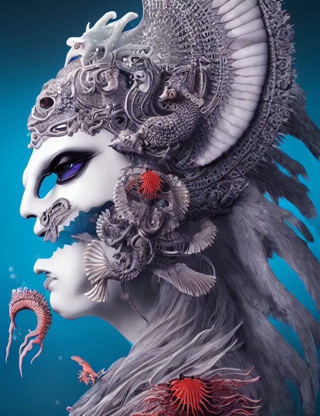 Image similar to 3 d goddess of hell close - up profile portrait with ram skull. beautiful intricately detailed japanese crow kitsune mask and clasical japanese kimono. betta fish, jellyfish phoenix, bio luminescent, plasma, ice, water, wind, creature, artwork by tooth wu and wlop and beeple and greg rutkowski