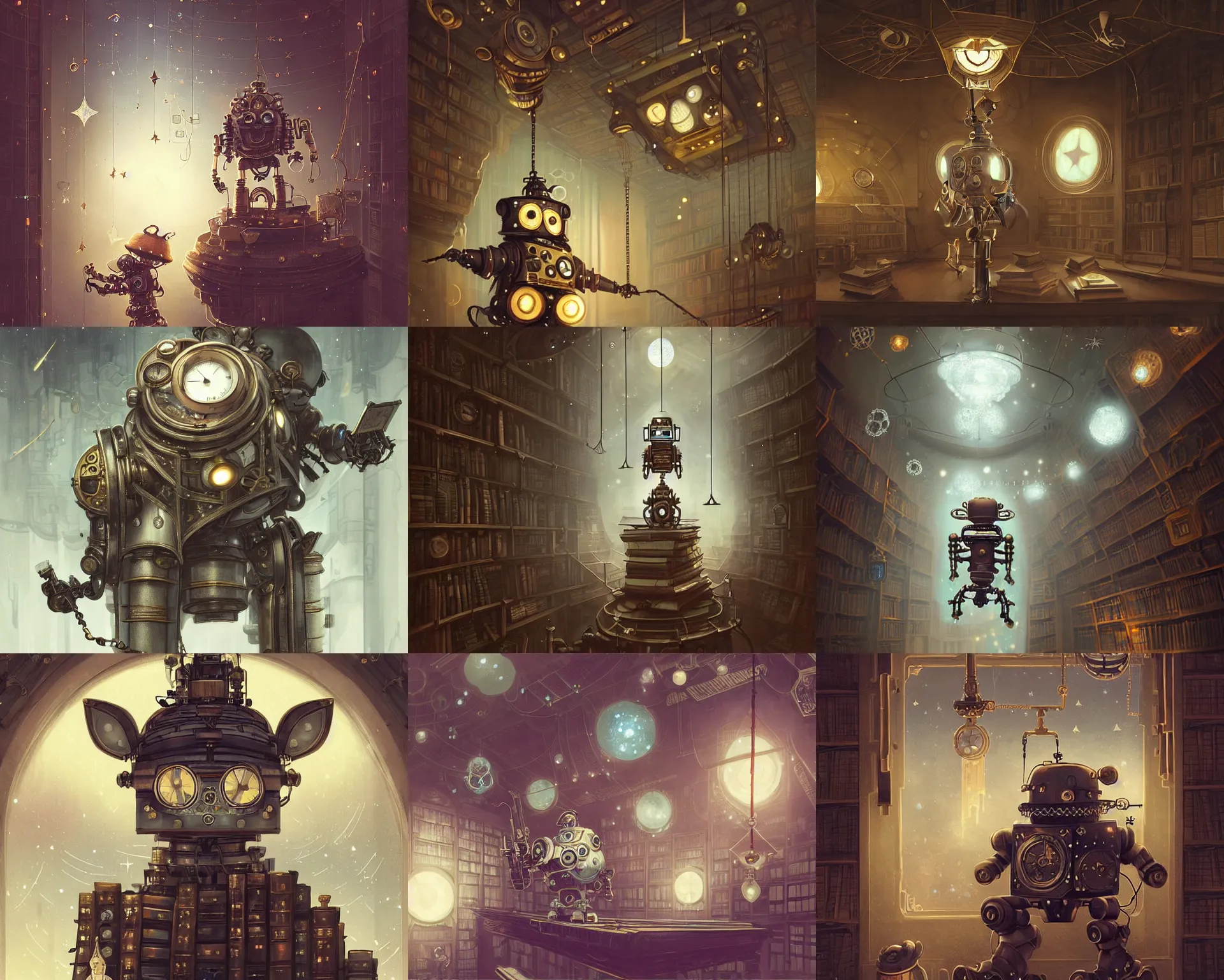 Prompt: cute steampunk robot in a polygonal library walls and glass ceilings showing the stars and hanging silk drapery and tapestries, light dust, magnificent, close up, details, sharp focus, elegant, highly detailed, illustration, by Jordan Grimmer and greg rutkowski and PiNe(パイネ) and 薯子Imoko and 香川悠作 and wlop and maya takamura, intricate, beautiful, Trending artstation, pixiv, digital Art