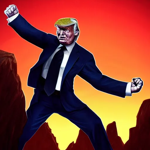 Image similar to gordon freeman fist - pumping donald trump during sunset, trending on artstation