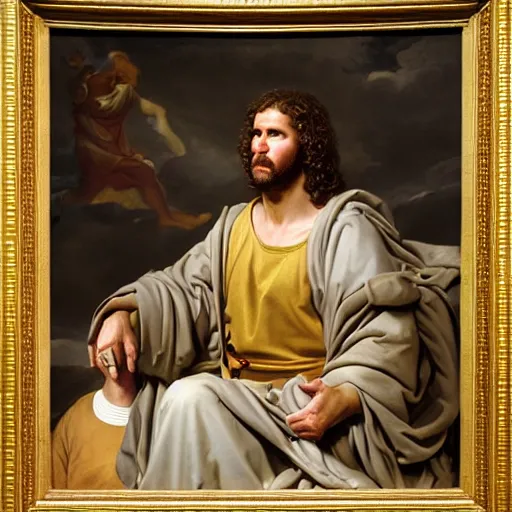 Image similar to Portrait of Will Ferrell as Jesus, heavenly vision, Jacques-Louis David, Musée du Louvre