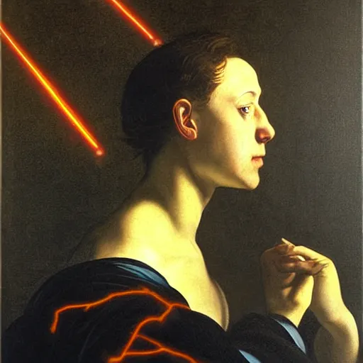 Image similar to painting portrait of bright light beams emanating from the eyes of a person, matte painting, masterpiece, by Caravaggio