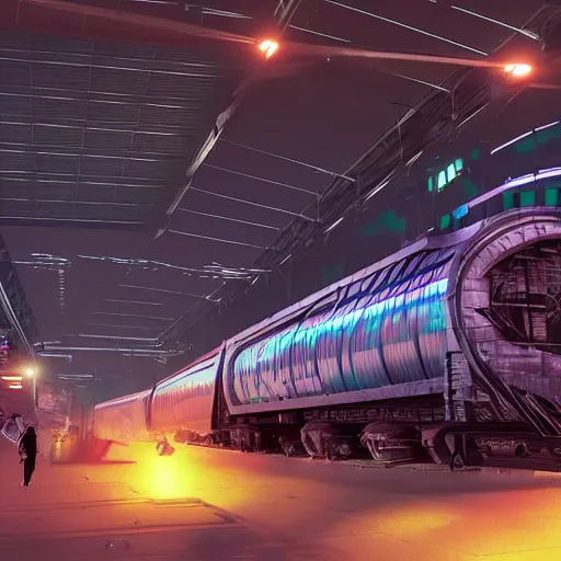 Image similar to Immense industrial futuristic cargo train arrives at cyber punk city station, cinematic lighting,