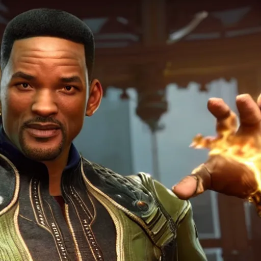 Image similar to a videogame still of Will Smith in Tekken 7, 40mm lens, shallow depth of field, split lighting