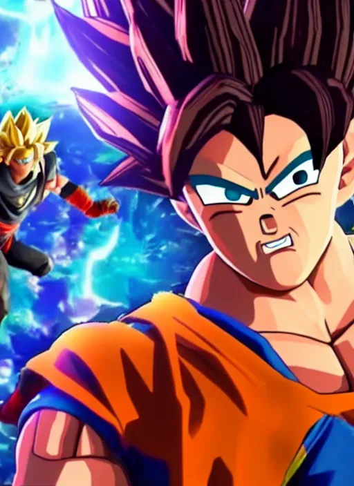 Image similar to game still of a sayan goku as a fortnite skin in fortnite by fortnite, pose.