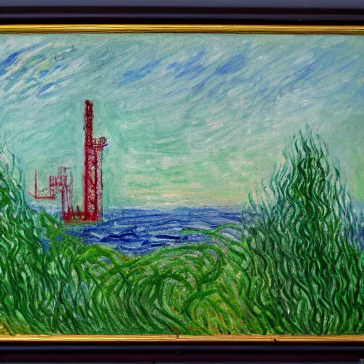 Image similar to offshore oil rig made by pine needles, overtaken by vines and flowers on the coast, expressive oil painting in the style of edvart munch and claude monet, green and lilac and gold color scheme