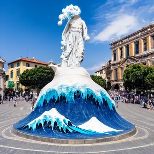 Image similar to A white and blue marble sculpture of The Great Wave off Kanagawa in the middle of an Italian piazza without people, midday, 4k photograph, sunny day, long shot, overhead view, far away