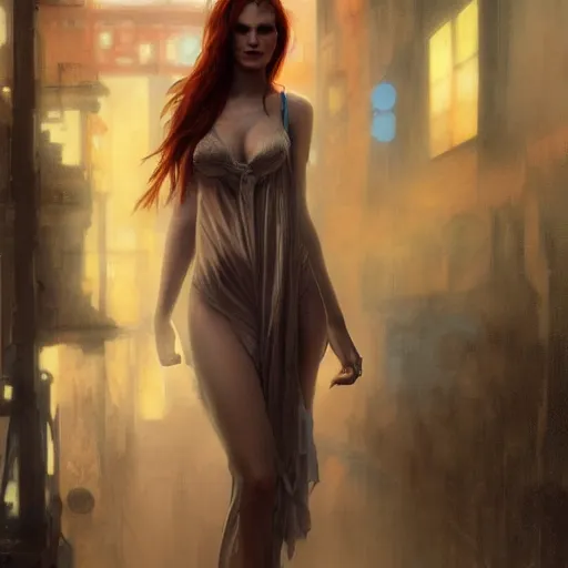 Image similar to bella thorne wearing nightgown, hyperrealistic full figure, bladerunner street alley, art of elysium by frank frazetta and by jeremy mann and by alphonse mucha, fantasy art, photo realistic, dynamic lighting, artstation, full figure poster, volumetric lighting, very detailed face, 4 k, award winning