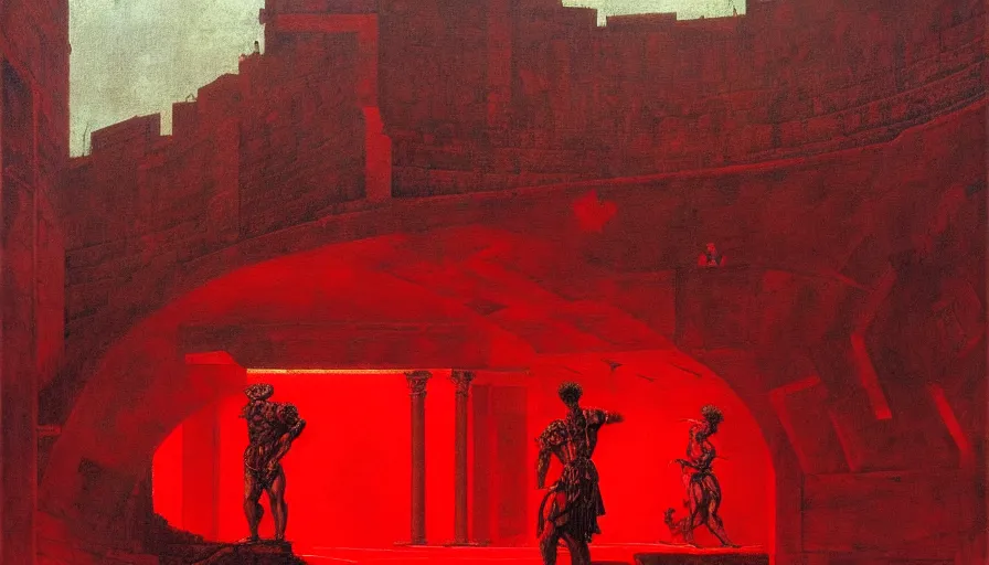 Image similar to only with red, a red gladiator in a crowded roman amphitheatre, crowd cheers him, in the style of beksinski and edward hopper and rodcenko and yue minjun, intricate and epic composition, red by caravaggio, highly detailed, masterpiece, red light, artstation