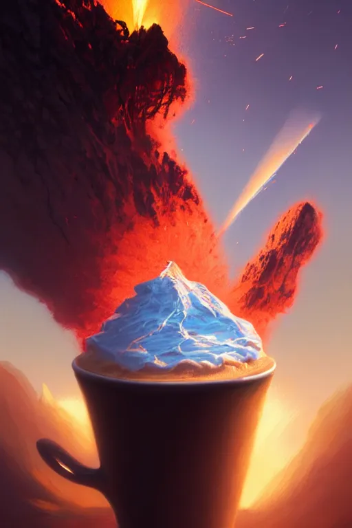 Prompt: coffee cup with volcano erupting inside the whipped cream on top of the cup, stephen bliss, unreal engine, fantasy art by greg rutkowski, rhads, ferdinand knab, makoto shinkai and lois van baarle, ilya kuvshinov, rossdraws, tom bagshaw, global illumination, radiant light, red blue theme, pine forest