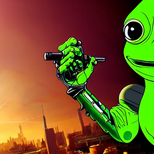 Image similar to pepe frog cyborg cybernetic pepe frog Cyberpunk 2077. CP2077. 3840 x 2160