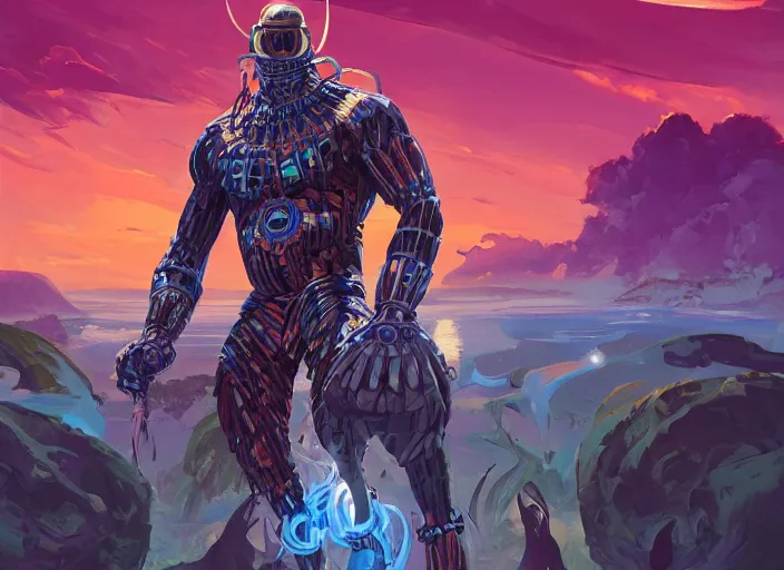 Image similar to highly detailed digital painting of afrofuturistic wakandan scientist cybernetic voodoo priest, masculine and strong, 2 d game fanart behance hd by jesper ejsing, by rhads, makoto shinkai and lois van baarle, ilya kuvshinov, rossdraws, dramatic sunset, global illumination, radiant light, detailed and intricate environment