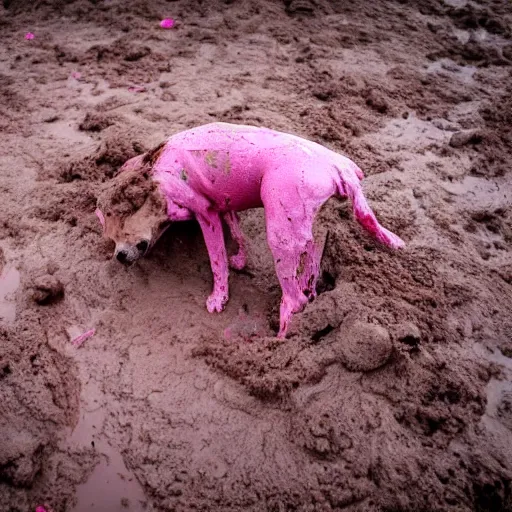 Image similar to a dirty dog in pink mud. photo