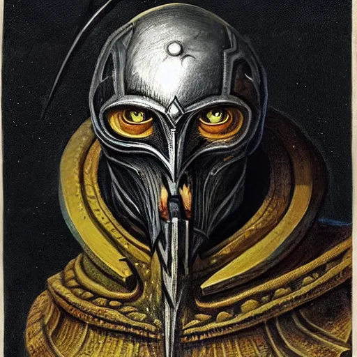 Image similar to ( ( ( head and shoulders portrait of a gaunt noseless yellow - skinned bald githyanki warrior in a breastplate, wielding a magical silver greatsword ) ) ), hr giger, d & d, fantasy, medieval
