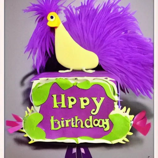 Prompt: a purple chicken's birthday