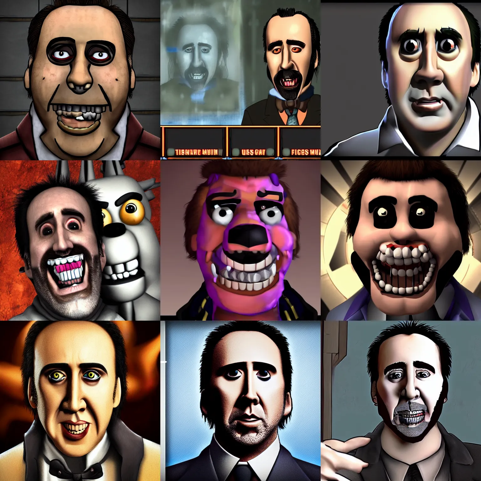 Prompt: Nicolas Cage portrait in Five Nights At Freddy's, screenshot