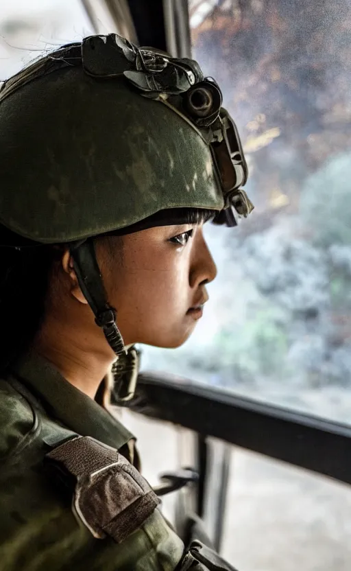 Prompt: close portrait photo of a focused female and asian tank commander spying outside the open window of her tank, highly detailed, smoke and dirt in the background, high resolution, cosplay photo, stunning, girls frontline style, bokeh soft, shot on 70mm, zenithal lightning, trending on instagram, by award winning photographer, realistic human anatomy, real human faces, realistic military carrier, soldier clothing, modern warfare, shot with a professional camera, low saturation, soldier clothing, hard surfaces