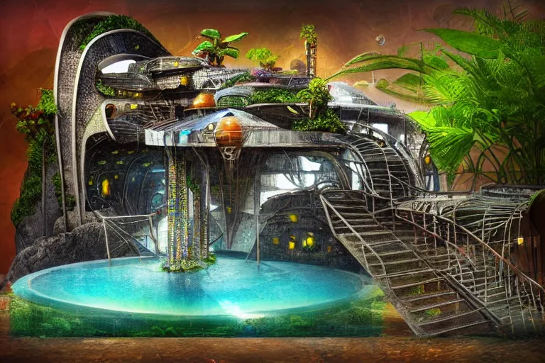 Prompt: favela bunker spaceship coaster hive, art nouveau waterfall environment, industrial factory, whimsical, award winning art, epic dreamlike fantasy landscape, ultra realistic,