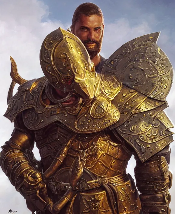 Image similar to strong warrior, fantasy, man, gilded shiny armour, contrast, holy, paladin, highly detailed, digital painting, artstation, concept art, wallpaper, smooth, sharp focus, illustration, illumination, raytracting, art by larry elmore, jeff easley, clyde waldwell, keith parkinson, daniel r horne