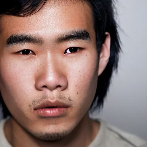 Image similar to a young asian man with a square face, very short thick curly black hair and swarthy skin with pimples. close up portrait