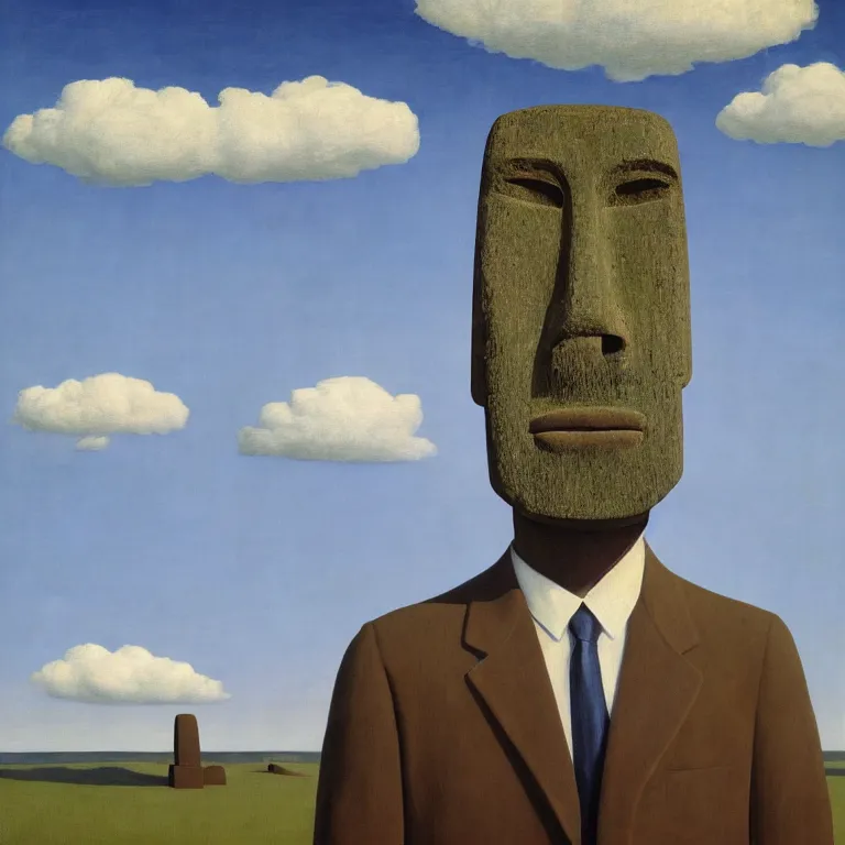 Image similar to portrait of a faceless moai - head man in a suit, clouds in the background, by rene magritte, detailed painting, distance, middle centered, hd, hq, high resolution, high detail, 4 k, 8 k