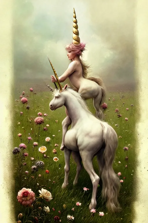 Image similar to a unicorn on the flowery meadow | esoteric symbolism | jean - baptiste monge, esao andrews, bastien lecouffe - deharme, tim jacobus, ken currie | ultra - detailed realism, soft cinematic lighting, hi - fructose, artstation, high - quality, ink watercolors wes anderson poster art