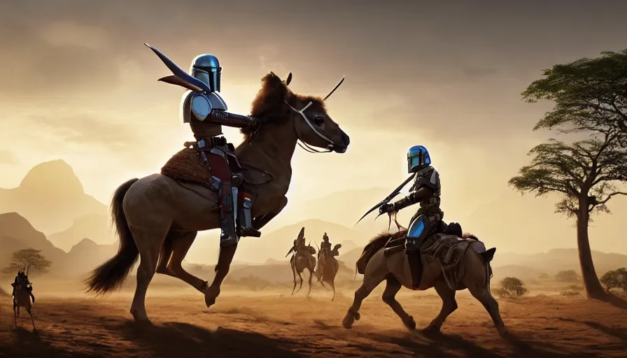 Image similar to mandalorian riding a horse through madagascar with baobabs trees, tribe members chasing for an attach, action scene, an epic fantasy, artgerm and greg rutkowski and alphonse mucha, an epic fantasy, volumetric light, detailed, establishing shot, an epic fantasy, cinematic, photorealistic, ultrarealistic, trending on art station, octane render, midsommar