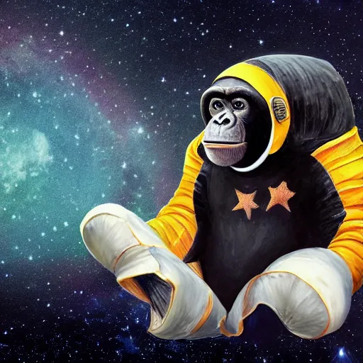 Prompt: Chimpanzee in space suit with stars as background, brilliant, magnificent.