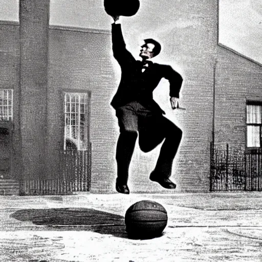 Prompt: Abraham Lincoln dunking a basketball, color DSLR photo