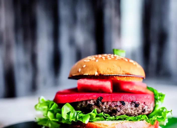 Image similar to dslr food photograph of burger with watermelon on it, 8 5 mm f 1. 8