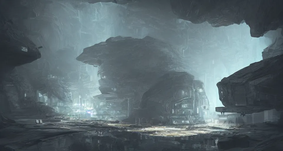 Prompt: futuristic factory in a dark cave, black rocks, dramatic light, intricate, highly detailed, digital painting, volumetric light, artstation, concept art, sharp focus