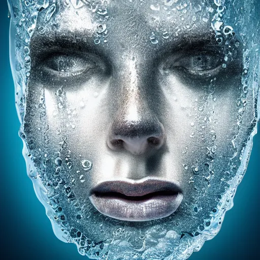 Image similar to water artwork manipulation in the shape of a human head, on the ocean water, ray tracing, realistic water sharp focus, long shot, 8 k resolution, cinematic, amazing water art, hyper - realistic