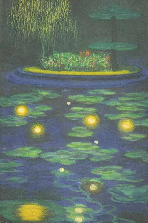 Prompt: cinematic aerial view of decorated surrealist lake garden at night by Edward Hopper and Claude Monet, garden lit by floating shoji lamps, Japanese 1920s art deco backyard design by Katsuhiro Otomo, the moon reflects in the water, the moon casts long exaggerated shadows, blue hour, hyper-detailed watercolor and pen illustration by Syd Mead and byJean Giraud, aerial view