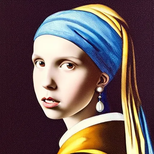 Image similar to Millie Bobby Brown with a pearl earring by Johannes Vermeer