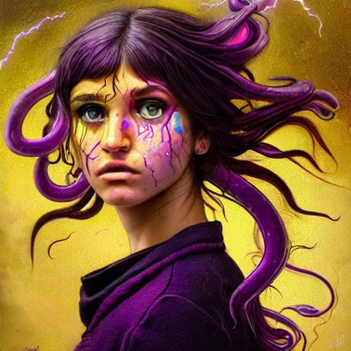 Image similar to detailed photo portrait of a furious teen girl with thin, hair-like purple tentacles on her head and bright purple eyes, 8k,by tristan eaton, Stanley Artgermm,Tom Bagshaw,Greg Rutkowski,Carne Griffiths,trending on DeviantArt, face enhance,hyper detailed ,full of colour, dramatic lightning