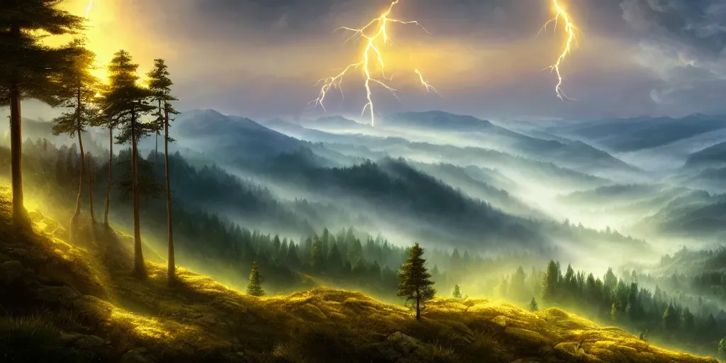 Prompt: fantastic scenery landscape from the top of the mountain, pine trees, green valleys, magic fog and lightning, epic composition, fibonacci ratio, golden ratio, fancy, incredible detailed game artwork, sharpen and ultra quality, trending, artstation, behance, wikiart, 8 k