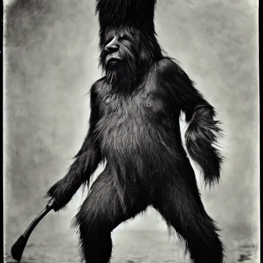 Image similar to a vintage wet plate portrait of a dignified bigfoot with a top hat and cane, extremely detailed, by robert capa!!!!!!!!!!!!!!!!!!