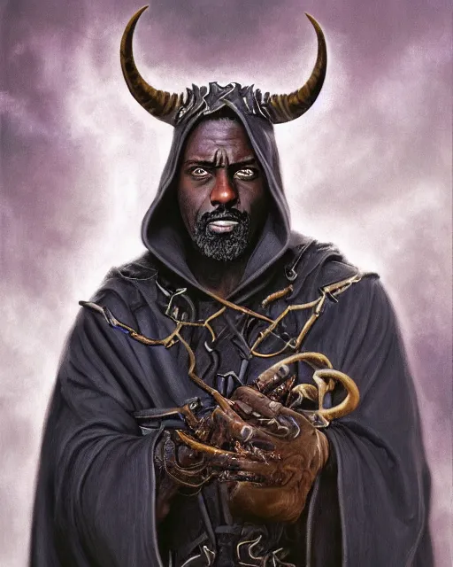 Prompt: detailed portrait of Idris Elba as a horned Tiefling powerful dungeons and dragons warlock, wearing dark robe, intricate, hyper detailed, lovecraftian, realistic, oil painting, by jeff easley, boris vallejo, cinematic lighting