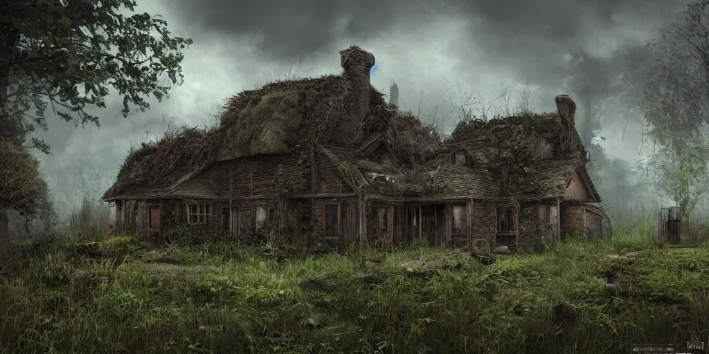 Image similar to photorealistic ruined cottage, overgrown vegetation, apocalypse, shadowy creatures, hyperrealistic, grimdark, artstation