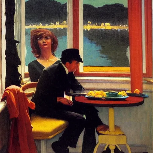 Image similar to oil painting of young leonard cohen in room with beautiful woman wearing second hand clothes, with bowl of oranges on table, and view through window of boat on river, by edward hopper, by norman rockwell, by eric fischl