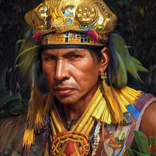 Image similar to A Inca Ruler, artists portrait, wild jungle, fantasy, highly detailed, digital painting, concept art, sharp focus, depth of field blur, illustration, art by artgerm and greg rutkowski and alphonse mucha