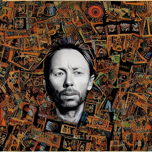 Prompt: photograph of print of thom yorke picture on a table, hyper realistic, variations of thom yorke, high quality photograph, mixed styles, intricate details, diverse