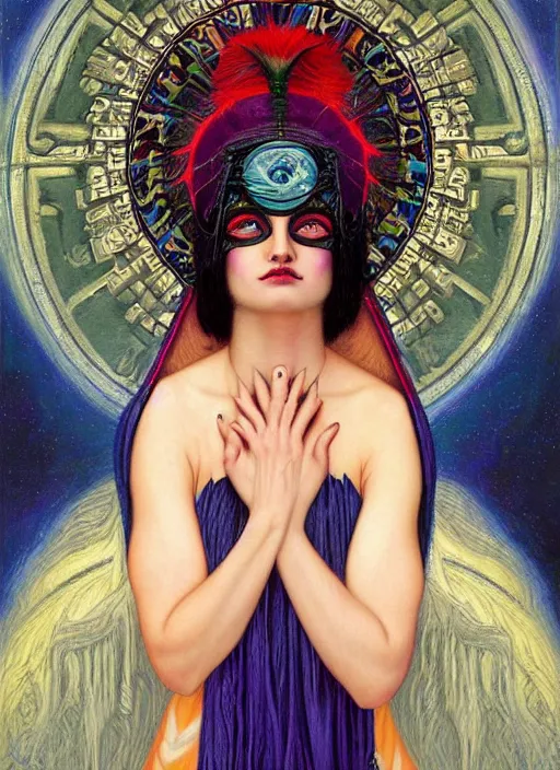 Image similar to acid tripping cult magic psychic woman, third eye, occult ritual, dark witch headdress, oil painting, robe, symmetrical face, greek dark myth, by John William Godward and Anna Dittman, masterpiece