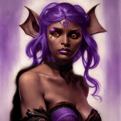 Prompt: half length portrait of a beautiful female drow elf warlock, black skin, violet magic, royo, klimt, miro, vallejo, frazetta, alphonse mucha, greg rutkowski, whealan