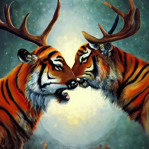 Image similar to a painting of deer and tiger facing each other, their heads bowed towards ground by esao andrews