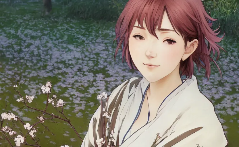 Prompt: front portrait of a girl walking, sakura tree in background, yukata clothing, battlefield in background, anime style, short hair, hair down, symmetrical facial features, from arknights, hyper realistic, 4 k, extreme detail, detailed drawing, trending artstation, realistic lighting, by alphonse mucha, greg rutkowski, sharp focus, backlit
