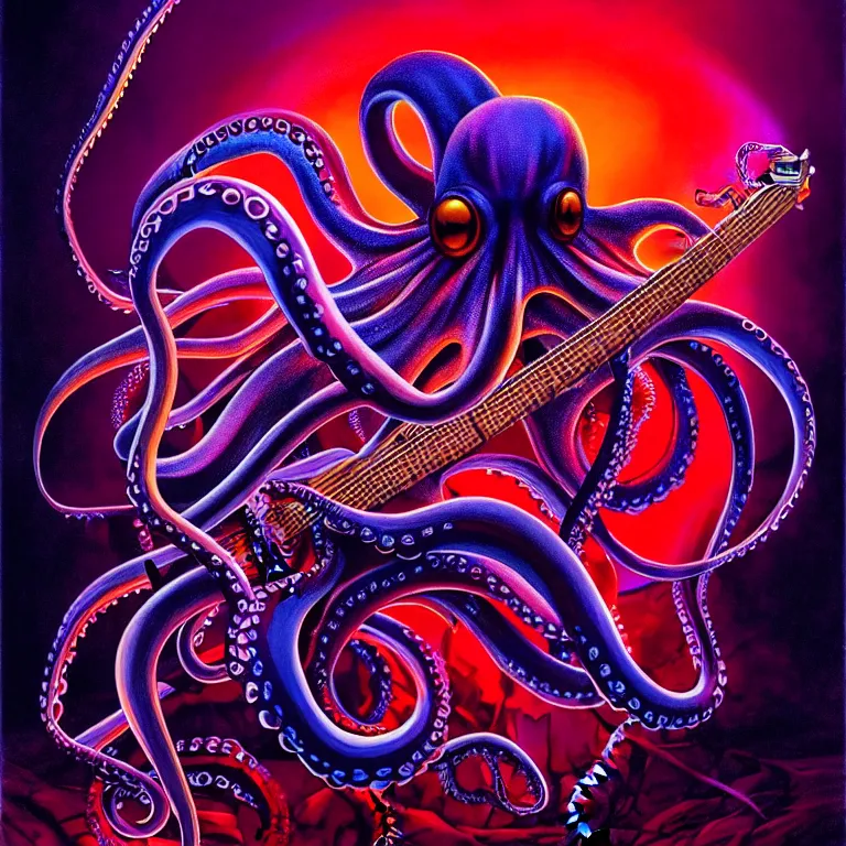 Prompt: a beautiful painting by gerald brom of an octopus playing drums and telecaster guitar in an electronic concert, touchdesigner background, concert light, dark mood, warm neon lights